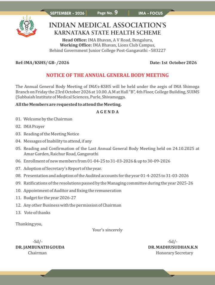 IMA Karnataka State Health Scheme Annual General Body Meeting Notice
